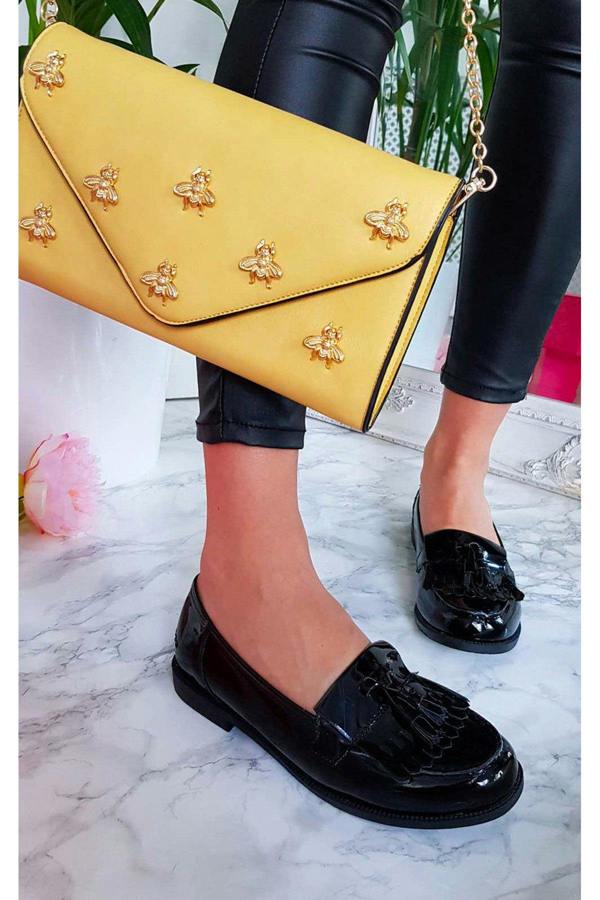 Liana Patent Tassel Brogue Flats - BLACK