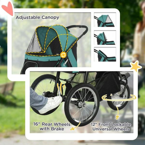 Green pet stroller jogger with adjustable canopy and lockable front wheel