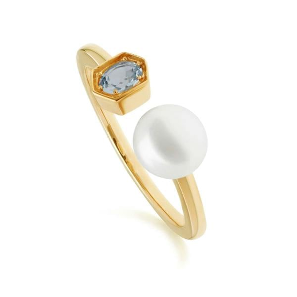 270R058706925 Modern Pearl & Blue Topaz Open Ring in Gold Plated Silver 1