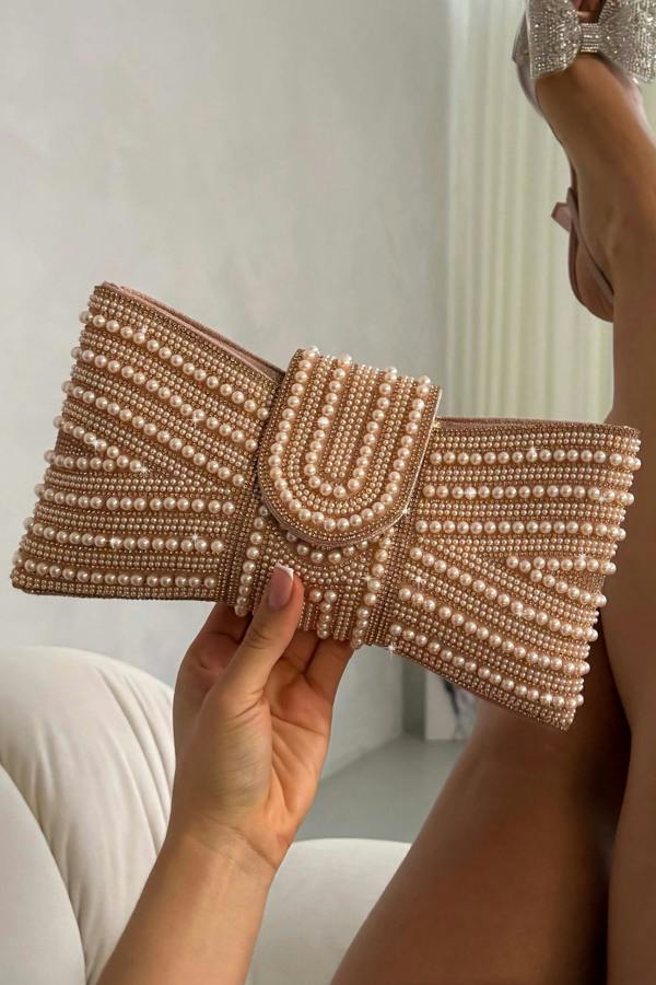 Sparkly Pearl Bow Clutch Bag Rose Gold finished with magnetic flap closure