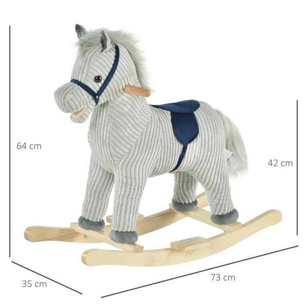 Grey plush rocking horse with navy saddle and wooden rocker base, full-body side view