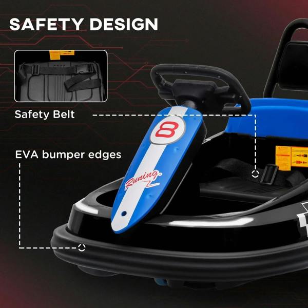 Kids electric bumper car showing safety belt and padded side bumper edges