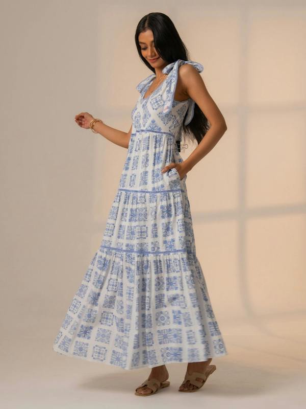 Rose & Nancy Maisy Blue White Printed Lace Trim Maxi Sun Dress&nbsp;