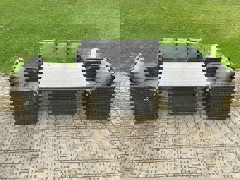 Fimous Wicker PE Rattan Outdoor Garden Furniture Set Height Adjustable Rising lifting Dining Table With Armchair Side Table