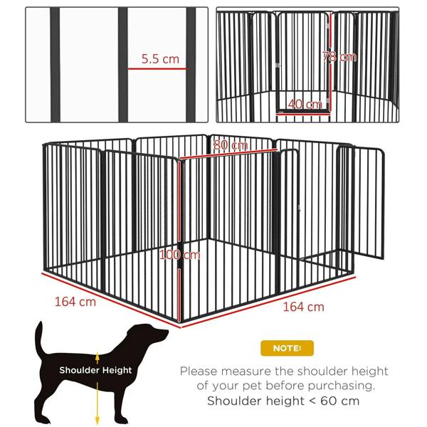 Black metal dog playpen with folding panels and wide entrance, vertical wire bars