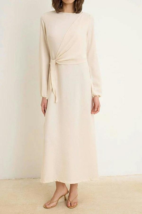 WOVCOR Tie Waist Long Sleeve Maxi Dress