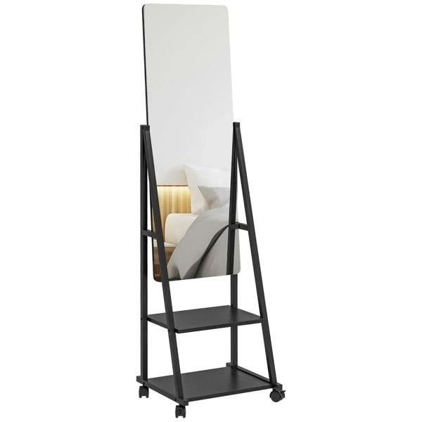 Black full-length standing dressing mirror with adjustable frame and wheels
