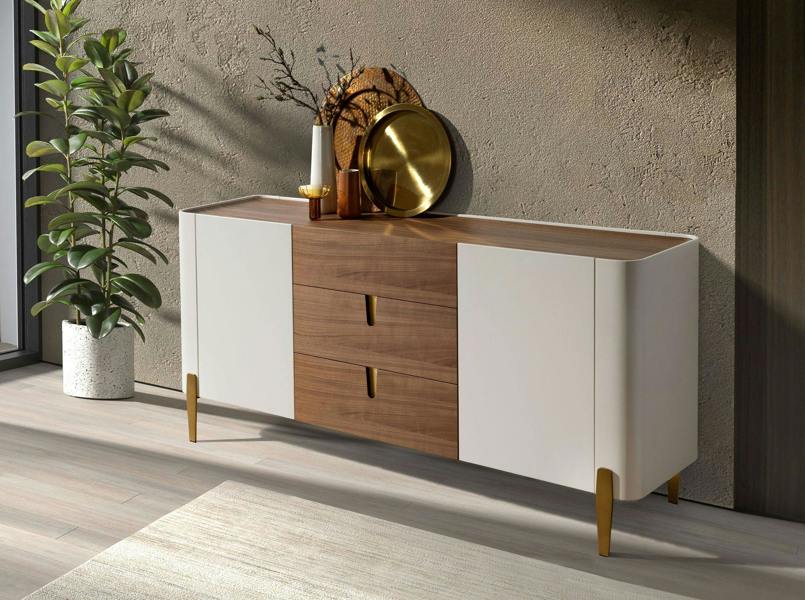 Angel Cerdá Sideboard walnut, beige, gilded polished steel and walnut top 3274