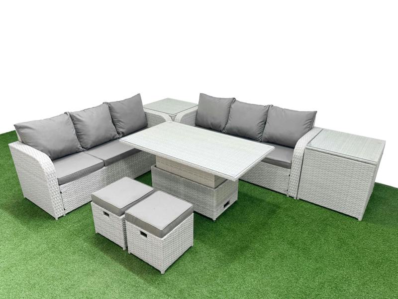 Fimous 8 Seater Patio Lounge Set, Wicker Rattan, Adj Height Table, High Back Sofa, Stools and 2 Side Tables, Light Grey