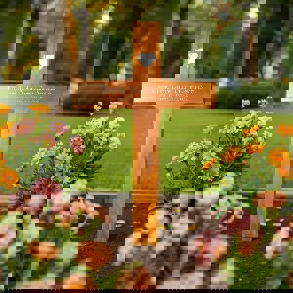 Memorials Direct Personalised Mahogany Memorial Cross, Heart – Durable Wooden Grave Marker for Outdoor Use