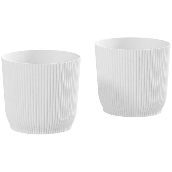 Set of two white ribbed ceramic planters, round with fluted texture