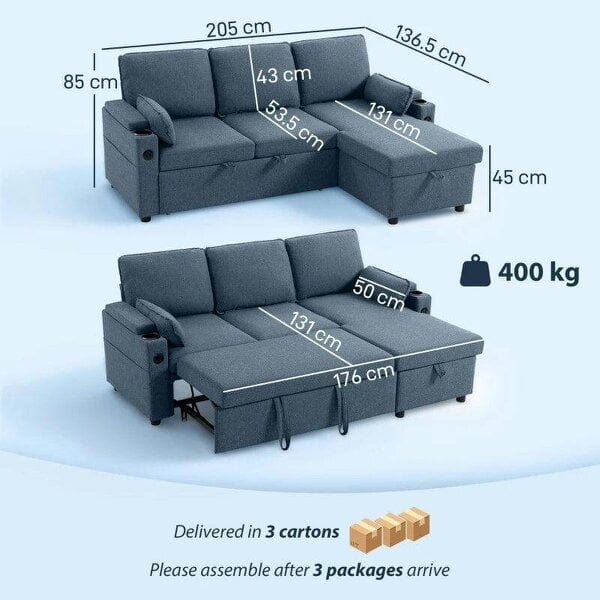 Corner Sofa Bed, L Shaped Sleeper Sectional Sofa with Reversible Storage Chaise, Blue