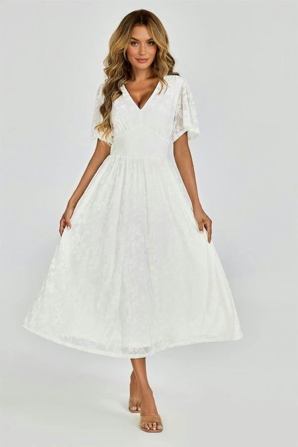 FS Collection Off White Velvet Burnout V-Neck Angel Sleeve Midi Dress