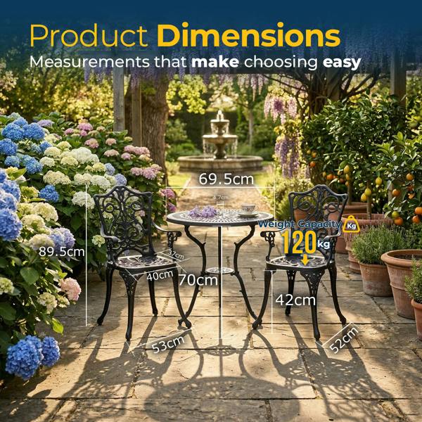 Homeology TABREEZ Garden and Patio Table and 2 Large Chairs with Armrests Cast Aluminium Bistro Set - Black