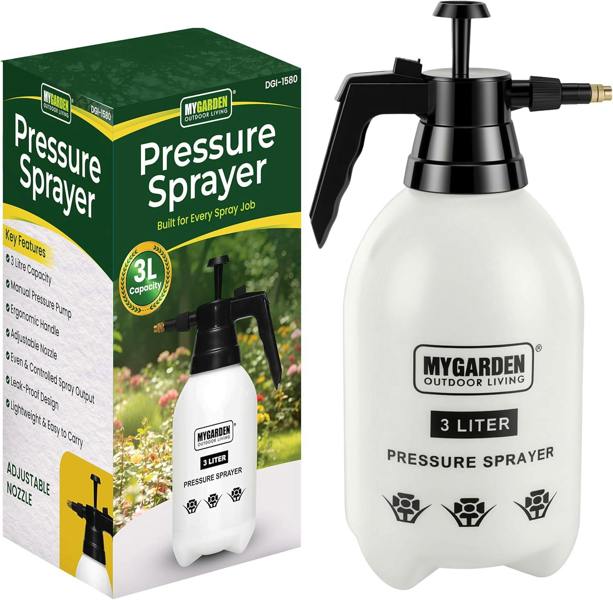 My Garden Outdoor Living Garden Pressure Sprayer - Adjustable Nozzle & Safety Lock  Pump Spray Bottle-Garden Hand Pressure Sprayer Pump Action Bottle - 3-litre - White & Black