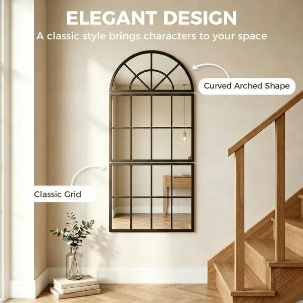 Large Arched Wall Mirror with Metal Grid, 3-Piece Split Window Mirrors, 120 x 54 cm, Black
