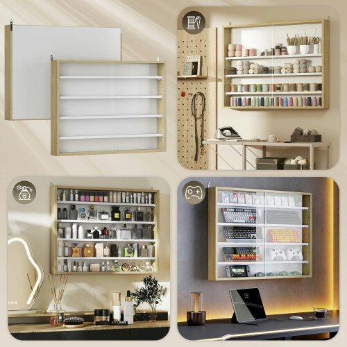 Wyld Haus Nivise Wood And Glass Natural Finish 5 Tier Wall Display Cabinet With Adjustable Shelves 60 x 80 cm