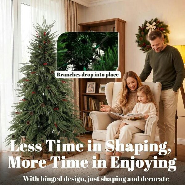 Bobobiy 6ft Artificial Christmas Tree with Pinecones, Red Berries, Hinged Predecorated Xmas Tree with 2843 Branch Tips