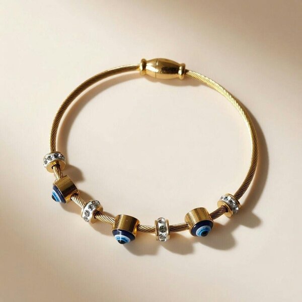 The Colourful Aura Blue Evil Eye Brass Gold Zircon Magnetic Bangle Bracelet