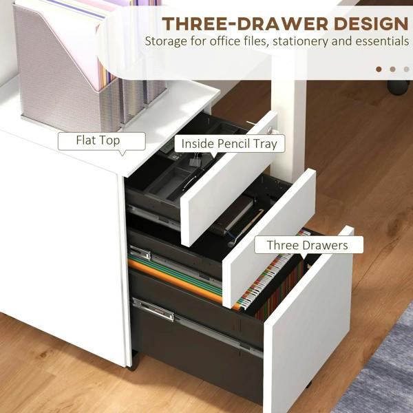 White filing cabinet with three open drawers and built-in pencil tray