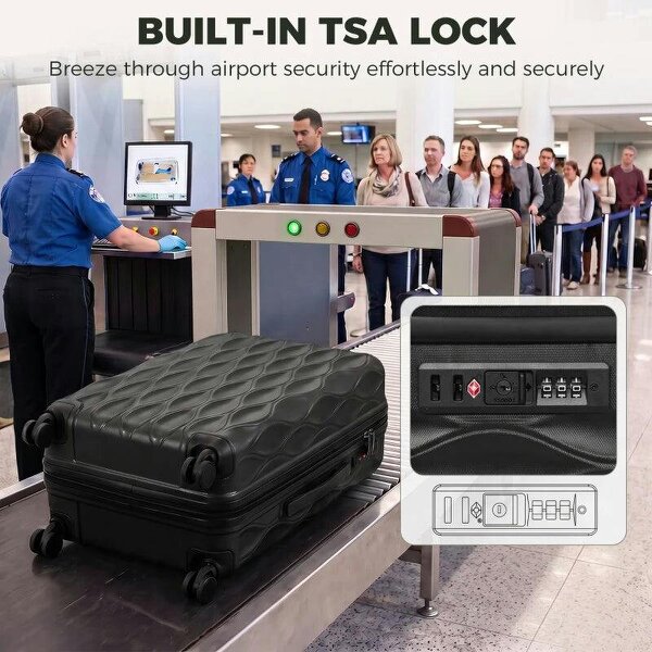 28Inch Suitcase, ABS Hard Shell Checked Luggage with TSA Lock, Spinner Wheels, Telescopic Handle, Black