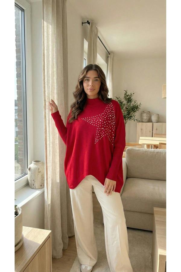 Jaira Oversized Knitted Jumper With Studded Star Detail - Red