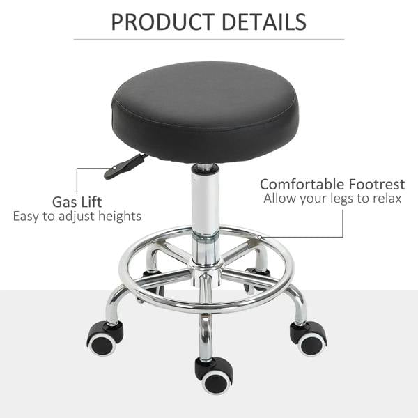 Black round padded stool with gas lift height adjustment, chrome ring base, caster wheels