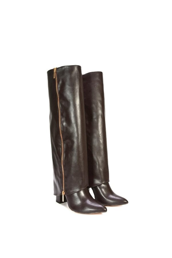 XY LONDON Knee High Boots Fold Over Point Toe Deco Zip