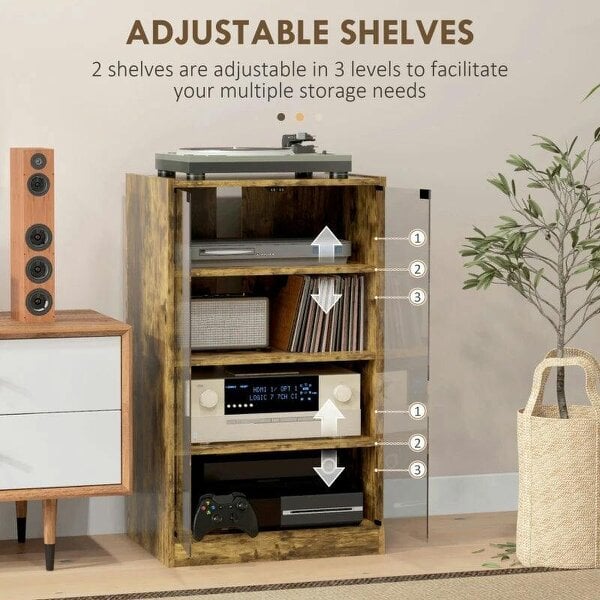 Bobobiy 4-Tier Hi-Fi Stand, Record Player Stand with Adjustable Shelves and Push-to-Open Glass Doors, Rustic Brown