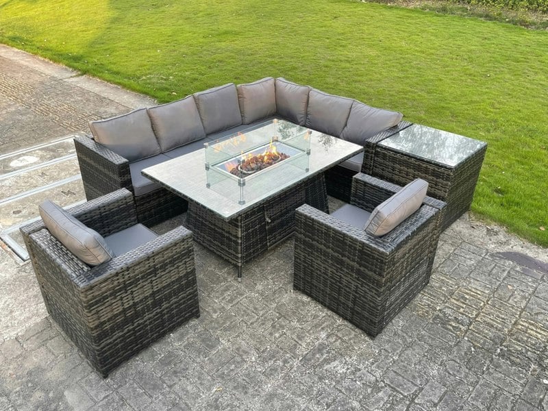 Fimous 8 Seater Rattan Garden Furniture Set with Gas Fire Pit Dining Table, Corner Sofa, 2 Chairs & 1 Side Table - Dark Grey