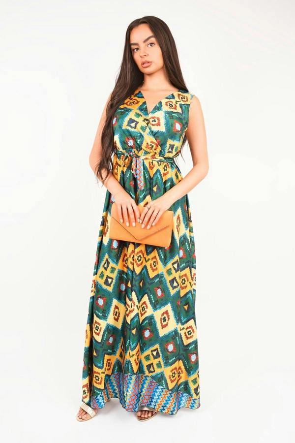 Nalani V Neck Sleeveless Maxi Dress With Tie Waist - Yellow