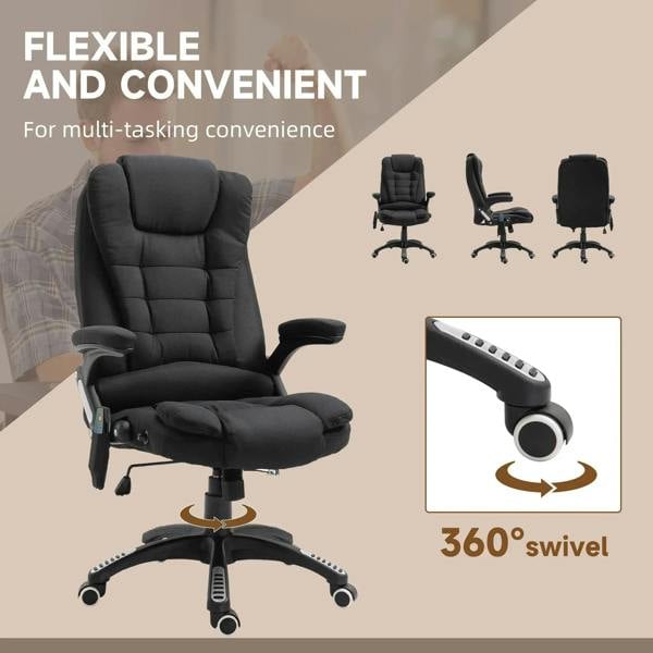 Black swivel massage recliner chair with armrests and caster wheels for 360° rotation