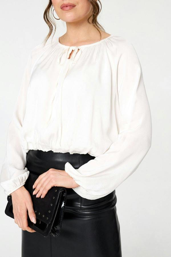 Cream | Tie Front Long Sleeve Bubble Hem Blouse