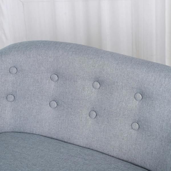 Grey button-tufted backrest with round tuft buttons on kids armchair