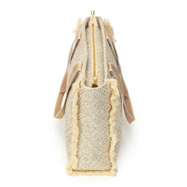 Elie Beaumont Summer Tote - Fringe Powder Blue Diamond Jacquard weave