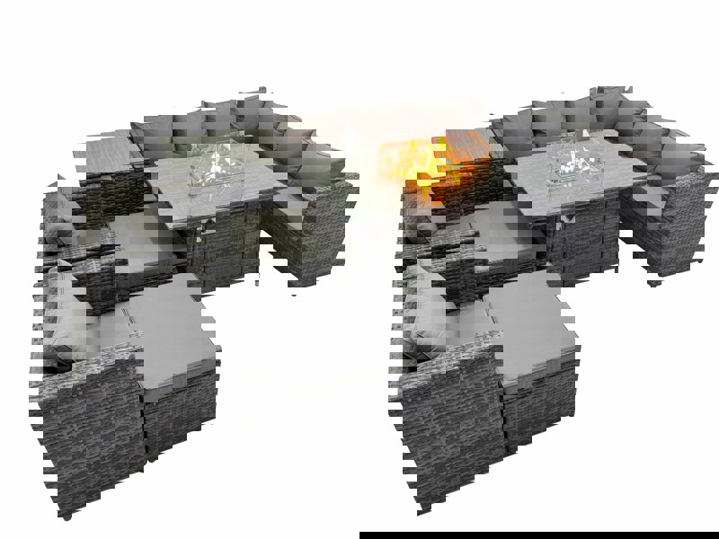 Fimous Garden Rattan Furniture Set 10 Seater Outdoor Corner Sofa 2 Chair Gas Fire Pit Dining Table Set with 2 Big Stools Side Table Dark Grey