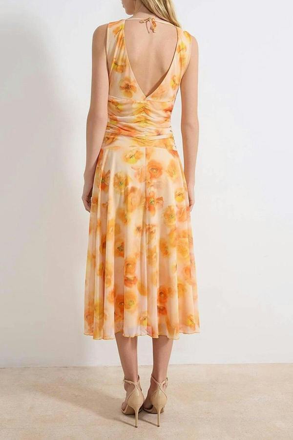 WOVCOR Floral Bodycon V-Neck Thick Strap Sleeveless Ruched Maxi Tulle Knit Dress