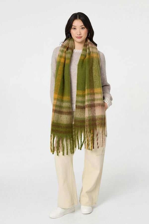 Green | Checked Print Fringed Oversized Scarf
