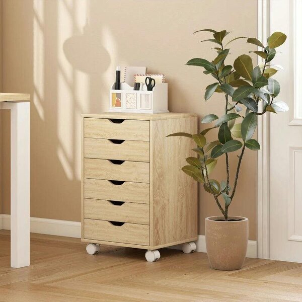6 Drawer Vertical File Cabinet, Mobile Filing Cabinet with Quiet Drawers and Wheels with 2 Brakes, Oak Wood Effect