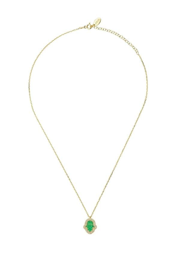 Green opal hamsa hand gold necklace.