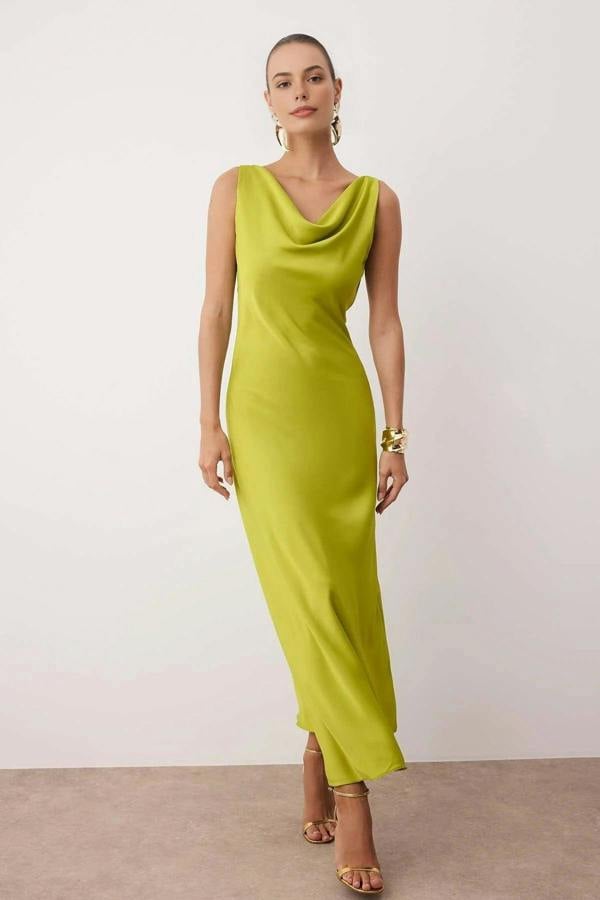 WOVCOR A-Line Cowl Neck Satin Maxi Elegant Dress