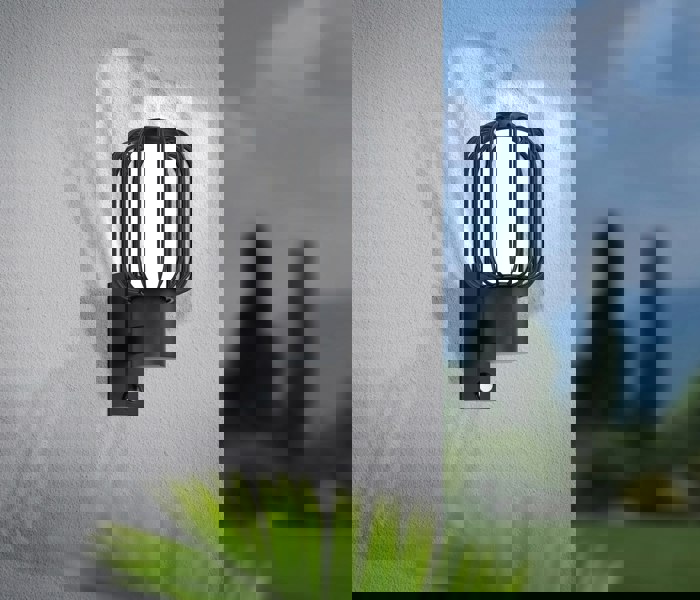 IP44 Outdoor Wall Light & PIR Sensor Black Zinc Steel 1 x 28W E27 Bulb Loops