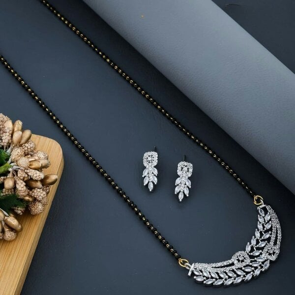 The Colourful Aura Indian Nazaria Silver Zircon Mangalsutra Black Beads Earring and Pendant Necklace