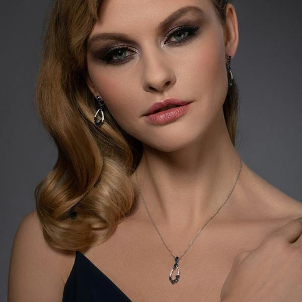 Sterling Silver Drop Pendant Necklace for Women with Blue Stones and Cubic Zirconia Gemstones - namana.london