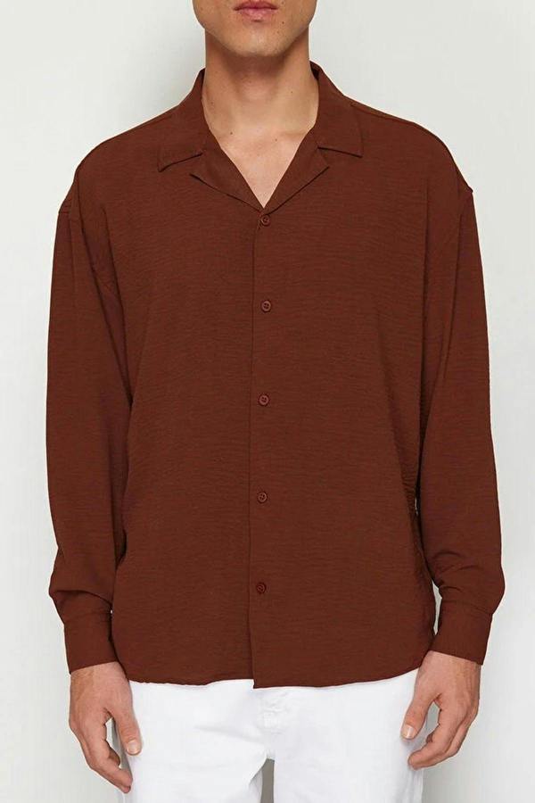 WOVCOR Oversize Fit Open Collar Linen Look Men’s Shirt