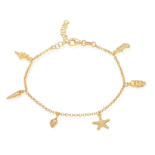 namana Gold Plated Sterling Silver Bracelet with Starfish, Shells, Seahorse and Coral Charms for Women