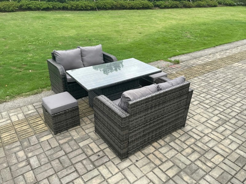 Fimous Outdoor Rattan Furniture Garden Dining Set Height Adjustable Rising lifting Table Love Sofa Set With 2 Small Footstools Dark Grey Mixed