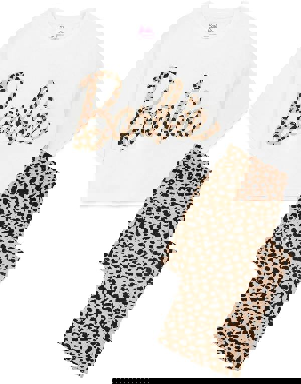 Barbie Womens White Animal Print Barbie Logo Short Sleeve Long Leg Pyjama Set