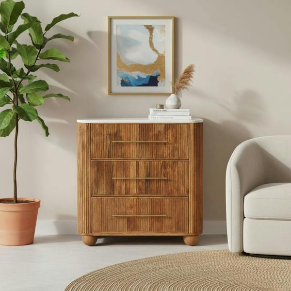 Artisan Furniture Solid Wood Beaumont Marble Chest, 3 Drawers, Brown
