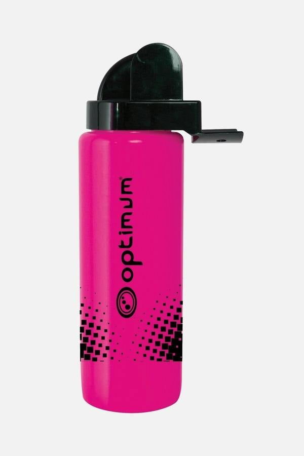 Pink Optimum aqua spray water bottle with black flip cap and halftone print, upright on white - Optimum